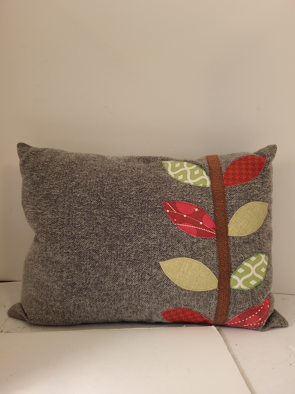 Handcrafted Gray Decorative Pillow with Multicolor Leaf Applique